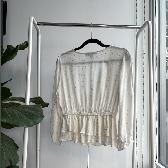 FOREVER 21 | White and Silver Long-Sleeve Blouse with Cinch Waist and Ru… - Picture 2 of 3